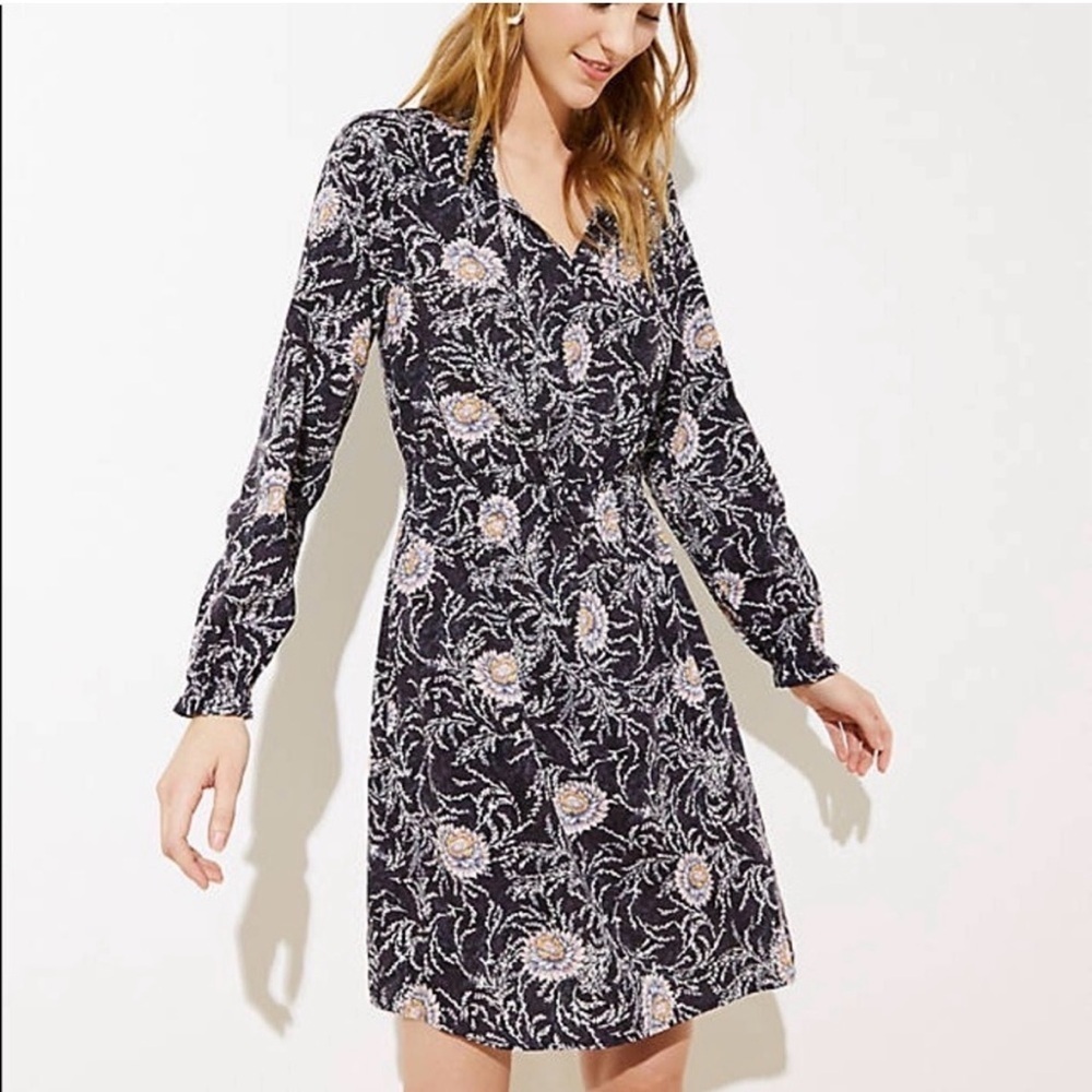 LOFT Black Floral Long Sleeve Dress